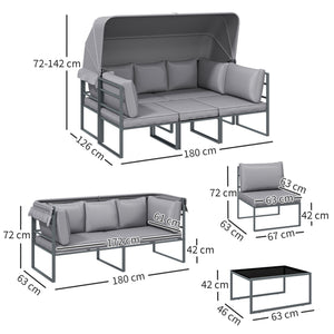 Salon de jardin extérieur 4 pièces modulaire avec canapé 3 places, 2 chaises et table basse en verre trempé, coussins inclus, mobilier de jardin terrasse veranda, gris