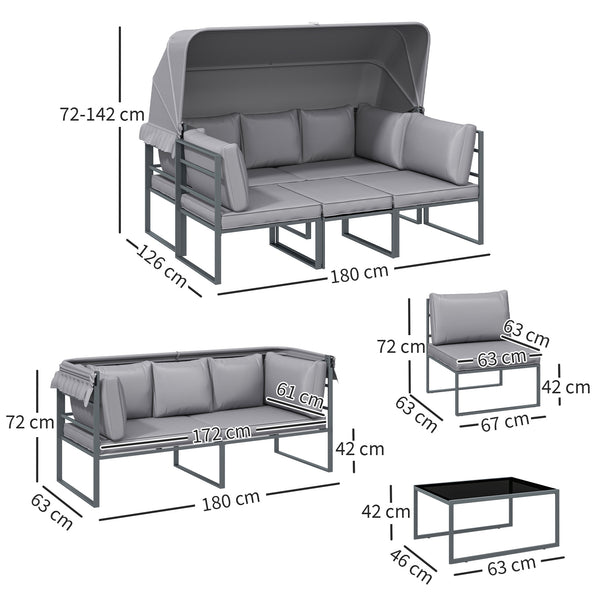 Salon de jardin extérieur 4 pièces modulaire avec canapé 3 places, 2 chaises et table basse en verre trempé, coussins inclus, mobilier de jardin terrasse veranda, gris