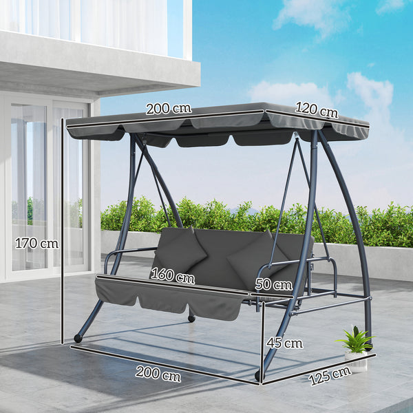 Balancelle de Jardin Convertible 3 Places Grand Confort Inclinaison Toit réglable Matelas fourni 2L x 1,25l x 1,7H m métal Polyester Noir Gris clair