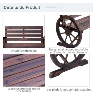 Banc de Jardin banc 3 places banc en bois Style Rustique Chic accoudoirs Roues Charette Bois Sapin traité carbonisation