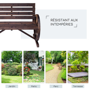 Banc de Jardin banc 3 places banc en bois Style Rustique Chic accoudoirs Roues Charette Bois Sapin traité carbonisation