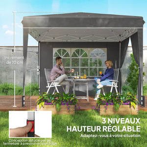Tonnelle de jardin exterieur 3x3m, tonnelle pliante avec parois latérales, protection UV 50+, sac de transport, hauteur réglable, tente de réception avec fenêtre et porte zippée, gris foncé