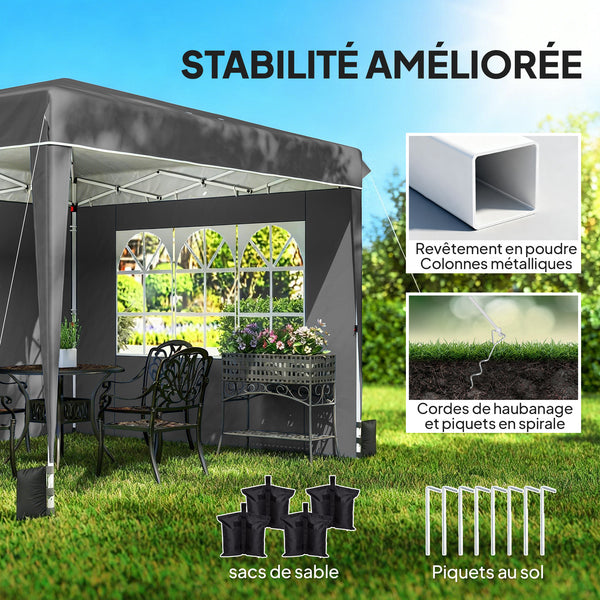 Tonnelle de jardin exterieur 3x3m, tonnelle pliante avec parois latérales, protection UV 50+, sac de transport, hauteur réglable, tente de réception avec fenêtre et porte zippée, gris foncé