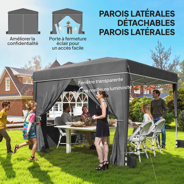 Tonnelle de jardin exterieur 3x3m, tonnelle pliante avec parois latérales, protection UV 50+, sac de transport, hauteur réglable, tente de réception avec fenêtre et porte zippée, gris foncé