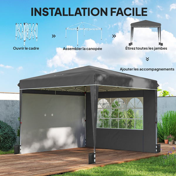 Tonnelle de jardin exterieur 3x3m, tonnelle pliante avec parois latérales, protection UV 50+, sac de transport, hauteur réglable, tente de réception avec fenêtre et porte zippée, gris foncé