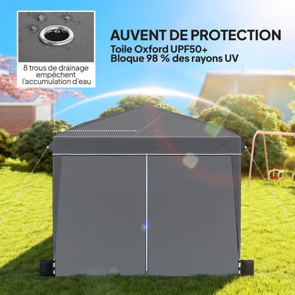 Tonnelle de jardin exterieur 3x3m, tonnelle pliante avec parois latérales, protection UV 50+, sac de transport, hauteur réglable, tente de réception avec fenêtre et porte zippée, gris foncé