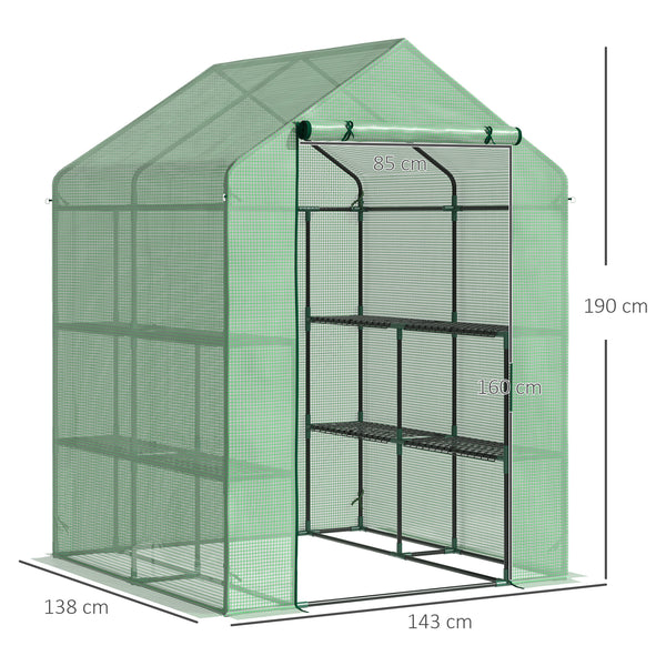 Serre de Jardin avec Étagères 3 Niveaux, Petite Serre de Balcon en Bâche PE 140 g/㎡ Renforcée et Châssis Acier, pour Légumes et Fleurs, Intérieur et Extérieur, 143 x 138 x 190 cm, Vert