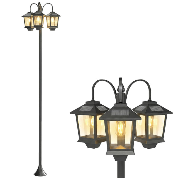 Lampadaire extérieur sur pied à 3 têtes, lampadaire solaire extérieur, éclairage LED, capteur automatique crépuscule à l'aube, IP44, hauteur 188 cm, pour jardin, cour ou allée, noir