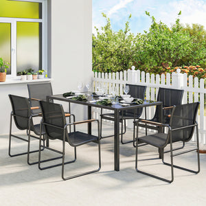 Ensemble de Salle à Manger d'Extérieur 7 Pièces pour 6 Personnes, Table en Verre et Chaises avec Accoudoirs Décoratifs, Mobilier de Jardin en Acier pour Terrasse et Jardin, Noir