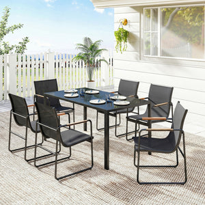 Ensemble de Salle à Manger d'Extérieur 7 Pièces pour 6 Personnes, Table en Verre et Chaises avec Accoudoirs Décoratifs, Mobilier de Jardin en Acier pour Terrasse et Jardin, Noir