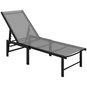 Bain de soleil, chaise longue jardin extérieur, dossier inclinable sur 5 positions, transat avec assise en textilène, structure en acier pour terrasse et plage, gris