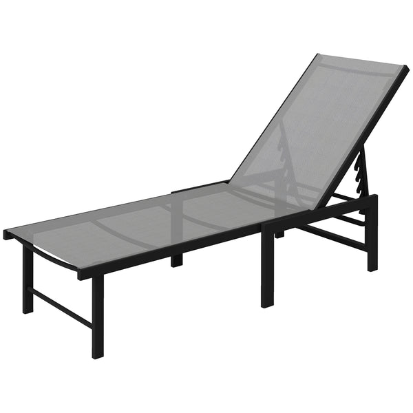 Bain de soleil, chaise longue jardin extérieur, dossier inclinable sur 5 positions, transat avec assise en textilène, structure en acier pour terrasse et plage, gris
