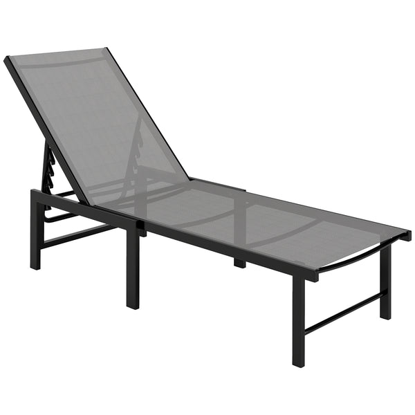 Bain de soleil, chaise longue jardin extérieur, dossier inclinable sur 5 positions, transat avec assise en textilène, structure en acier pour terrasse et plage, gris