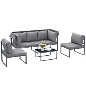 Salon de jardin extérieur 4 pièces modulaire avec canapé 3 places, 2 chaises et table basse en verre trempé, coussins inclus, mobilier de jardin terrasse veranda, gris