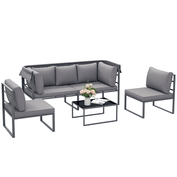 Salon de jardin extérieur 4 pièces modulaire avec canapé 3 places, 2 chaises et table basse en verre trempé, coussins inclus, mobilier de jardin terrasse veranda, gris