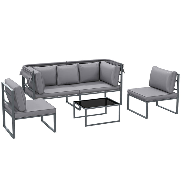 Salon de jardin extérieur 4 pièces modulaire avec canapé 3 places, 2 chaises et table basse en verre trempé, coussins inclus, mobilier de jardin terrasse veranda, gris