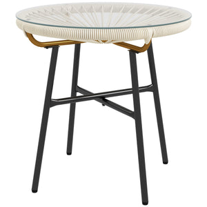 Table basse ronde de jardin en résine aspect rotin métal et plateau verre trempé Ø 50 x 50 cm crème