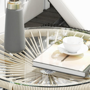 Table basse ronde de jardin en résine aspect rotin métal et plateau verre trempé Ø 50 x 50 cm crème