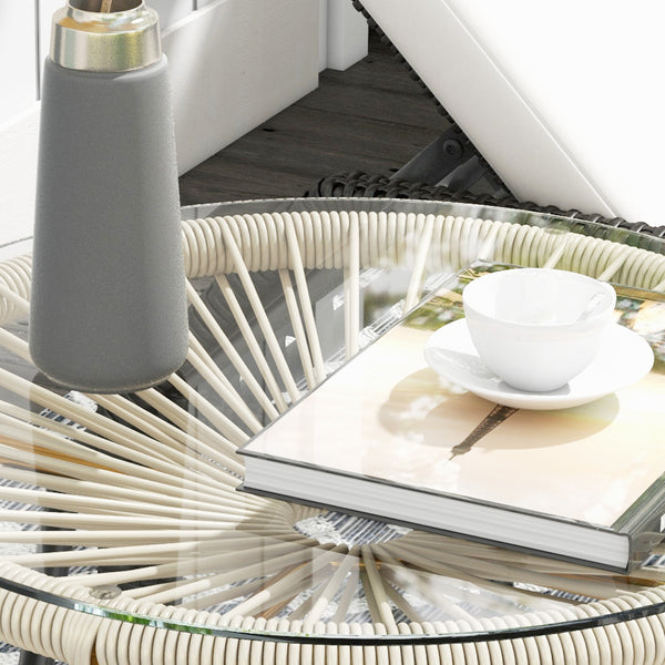 Table basse ronde de jardin en résine aspect rotin métal et plateau verre trempé Ø 50 x 50 cm crème
