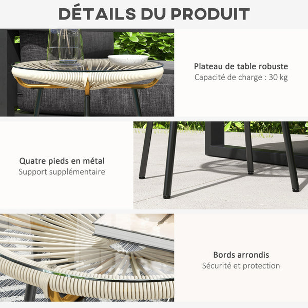 Table basse ronde de jardin en résine aspect rotin métal et plateau verre trempé Ø 50 x 50 cm crème