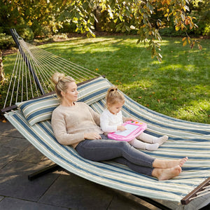 Hamac sur pied 353 cm, hamac avec support acier avec coussin amovible et barres d'écartement, pour intérieur et extérieur, lit de sieste rayé, vert