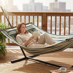 Hamac sur pied 353 cm, hamac avec support acier avec coussin amovible et barres d'écartement, pour intérieur et extérieur, lit de sieste rayé, vert