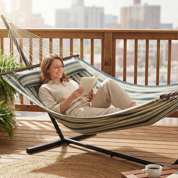 Hamac sur pied 353 cm, hamac avec support acier avec coussin amovible et barres d'écartement, pour intérieur et extérieur, lit de sieste rayé, vert