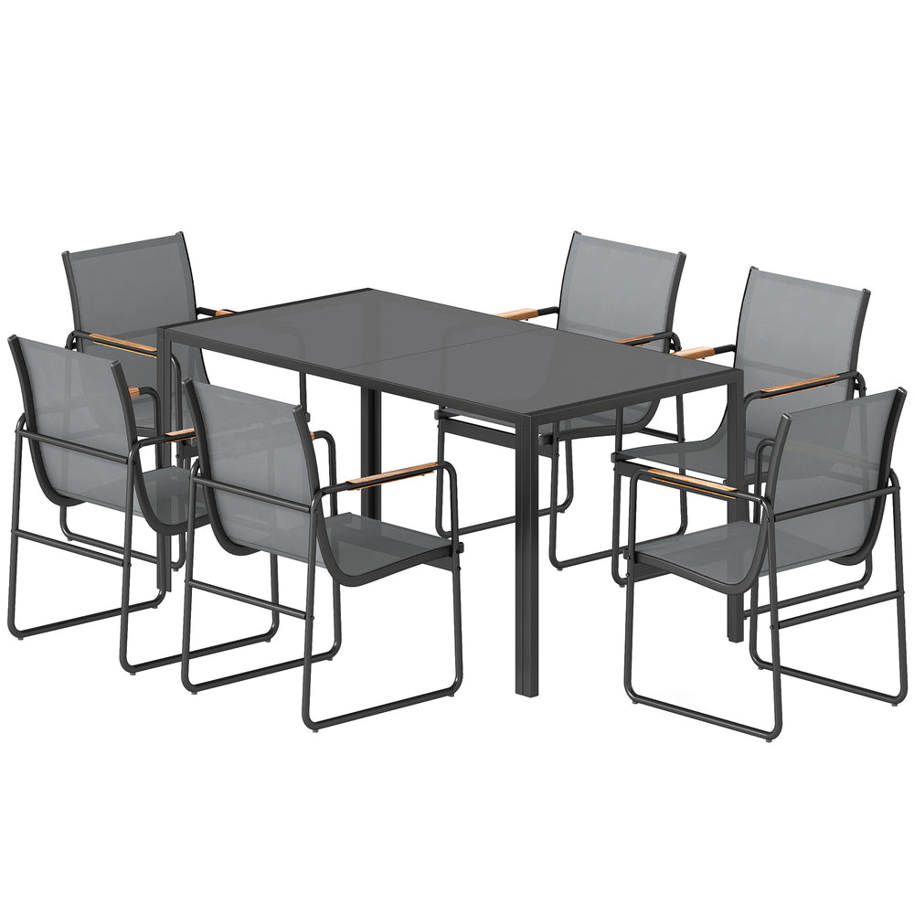 Ensemble de Salle à Manger d'Extérieur 7 Pièces pour 6 Personnes, Table en Verre et Chaises avec Accoudoirs Décoratifs, Mobilier de Jardin en Acier pour Terrasse, Gris