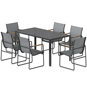 Ensemble de Salle à Manger d'Extérieur 7 Pièces pour 6 Personnes, Table en Verre et Chaises avec Accoudoirs Décoratifs, Mobilier de Jardin en Acier pour Terrasse, Gris