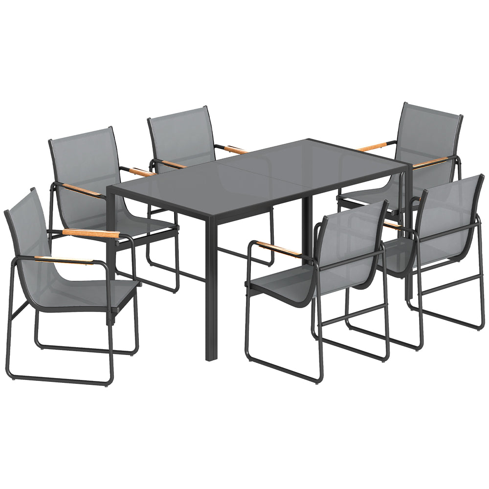 Ensemble de Salle à Manger d'Extérieur 7 Pièces pour 6 Personnes, Table en Verre et Chaises avec Accoudoirs Décoratifs, Mobilier de Jardin en Acier pour Terrasse, Gris