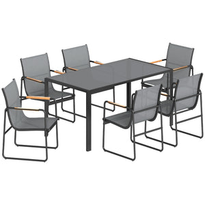 Ensemble de Salle à Manger d'Extérieur 7 Pièces pour 6 Personnes, Table en Verre et Chaises avec Accoudoirs Décoratifs, Mobilier de Jardin en Acier pour Terrasse, Gris