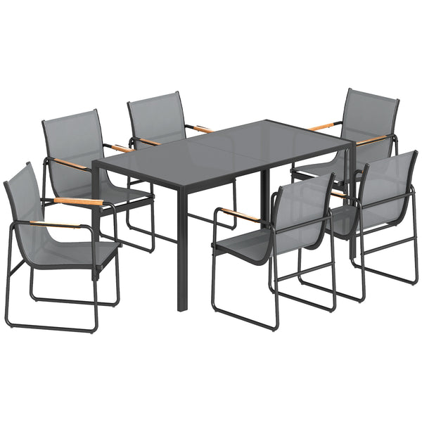 Ensemble de Salle à Manger d'Extérieur 7 Pièces pour 6 Personnes, Table en Verre et Chaises avec Accoudoirs Décoratifs, Mobilier de Jardin en Acier pour Terrasse, Gris