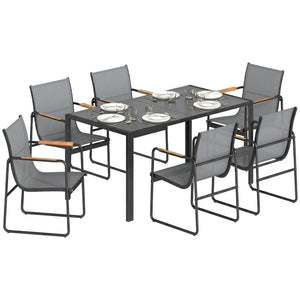 Ensemble de Salle à Manger d'Extérieur 7 Pièces pour 6 Personnes, Table en Verre et Chaises avec Accoudoirs Décoratifs, Mobilier de Jardin en Acier pour Terrasse, Gris