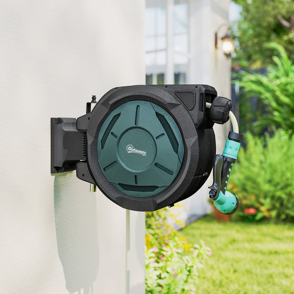 Enrouleur Tuyau Arrosage Mural 25 m x Ø 15 mm, Dévidoir Automatique de Tuyaux d'Eau Rétractable Automatique Pivotant à 180°, Buse à 7 Modes, pour Jardin et Lavage de Voiture, Noir