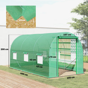 Serre tunnel de jardin 8m², serre de jardin tunnel 400x200x200cm avec porte et 6 fenêtres, pour extérieur, toutes saisons, légumes, fruits, fleurs, bâche PE haute densité 140 g/m² vert