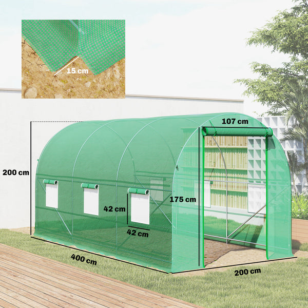 Serre tunnel de jardin 8m², serre de jardin tunnel 400x200x200cm avec porte et 6 fenêtres, pour extérieur, toutes saisons, légumes, fruits, fleurs, bâche PE haute densité 140 g/m² vert