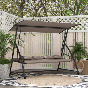 Balancelle de jardin 3 places, balancelle jardin extérieure convertible, toit inclinaison réglable, coussin assise et dossier, 4 oreillers, grand confort, 218 x 120 x 168 cm, marron clair