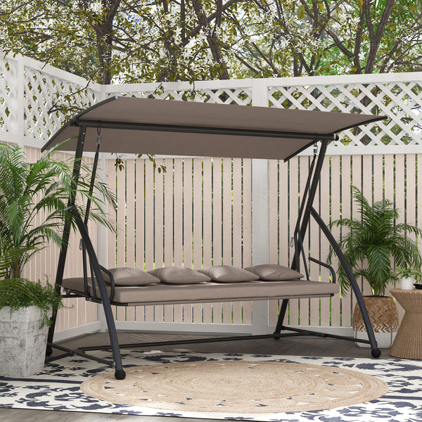Balancelle de jardin 3 places, balancelle jardin extérieure convertible, toit inclinaison réglable, coussin assise et dossier, 4 oreillers, grand confort, 218 x 120 x 168 cm, marron clair