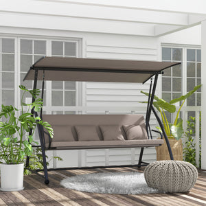 Balancelle de jardin 3 places, balancelle jardin extérieure convertible, toit inclinaison réglable, coussin assise et dossier, 4 oreillers, grand confort, 218 x 120 x 168 cm, marron clair