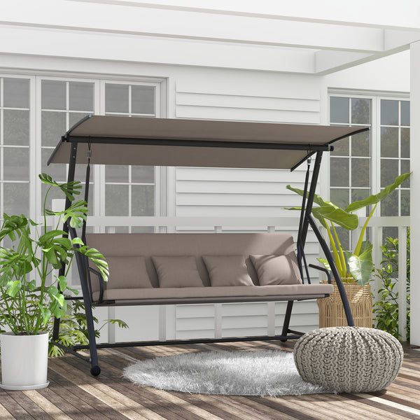 Balancelle de jardin 3 places, balancelle jardin extérieure convertible, toit inclinaison réglable, coussin assise et dossier, 4 oreillers, grand confort, 218 x 120 x 168 cm, marron clair