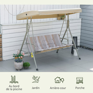 Balancelle de Jardin 3 Places Grand Confort Toit Inclinaison réglable épais Coussins Amovibles Polyester Acier époxy marron clair