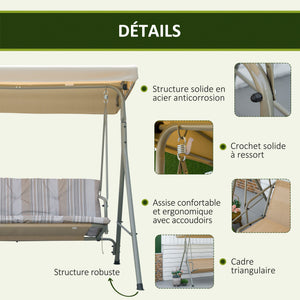 Balancelle de Jardin 3 Places Grand Confort Toit Inclinaison réglable épais Coussins Amovibles Polyester Acier époxy marron clair