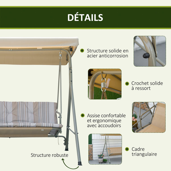 Balancelle de Jardin 3 Places Grand Confort Toit Inclinaison réglable épais Coussins Amovibles Polyester Acier époxy marron clair
