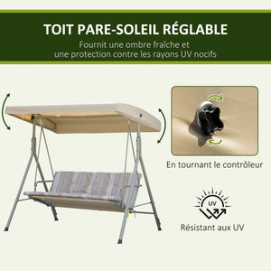 Balancelle de Jardin 3 Places Grand Confort Toit Inclinaison réglable épais Coussins Amovibles Polyester Acier époxy marron clair