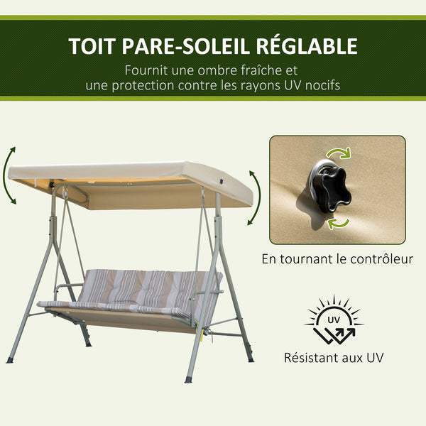 Balancelle de Jardin 3 Places Grand Confort Toit Inclinaison réglable épais Coussins Amovibles Polyester Acier époxy marron clair