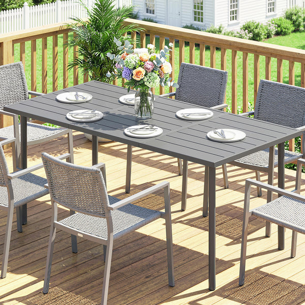 Table de jardin pour 6 personnes, 165 x 80 cm, table à manger extérieure rectangulaire avec plateau à lattes en métal, mobilier de patio tout temps pour balcon, terrasse, gris foncé