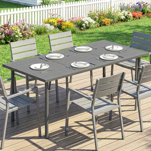 Table de jardin pour 6 personnes, 165 x 80 cm, table à manger extérieure rectangulaire avec plateau à lattes en métal, mobilier de patio tout temps pour balcon, terrasse, gris foncé