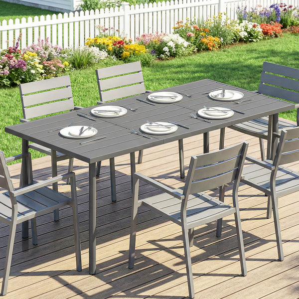 Table de jardin pour 6 personnes, 165 x 80 cm, table à manger extérieure rectangulaire avec plateau à lattes en métal, mobilier de patio tout temps pour balcon, terrasse, gris foncé