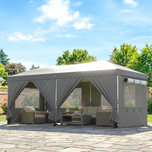 Tonnelle de jardin 3 x 6 m pop up tente pliante réglable en hauteur protection UV50+ tonnelle pliante avec 6 parois latérales 6 sacs de sable sac de transport à roulettes montage facile gris