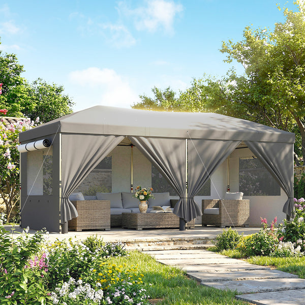 Tonnelle de jardin 3 x 6 m pop up tente pliante réglable en hauteur protection UV50+ tonnelle pliante avec 6 parois latérales 6 sacs de sable sac de transport à roulettes montage facile gris